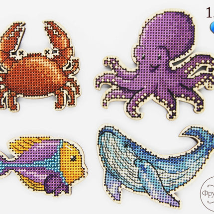 DIY Cross stitch kit on wood "Marine Life" 3.7x2.4 in, 3.3x3.0 in, 2.4x2.4 in, 3.0x1.8 in / 9.5x6.0 cm, 8.5x7.5 cm, 6.0x6.0 cm, 7.5x4.5 cm