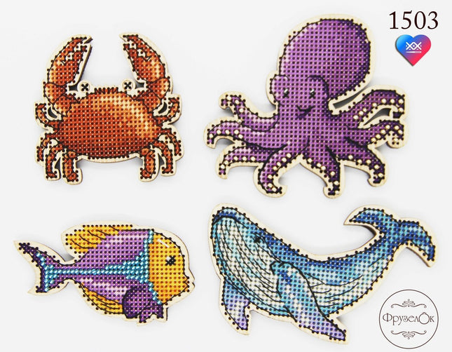 DIY Cross stitch kit on wood "Marine Life" 3.7x2.4 in, 3.3x3.0 in, 2.4x2.4 in, 3.0x1.8 in / 9.5x6.0 cm, 8.5x7.5 cm, 6.0x6.0 cm, 7.5x4.5 cm