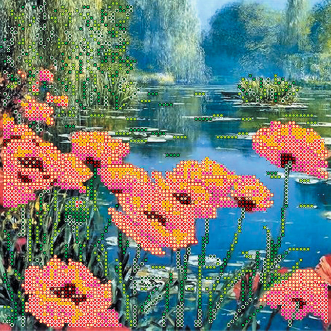 Canvas for bead embroidery "Poppy’s by the Lake" 7.9"x7.9" / 20.0x20.0 cm