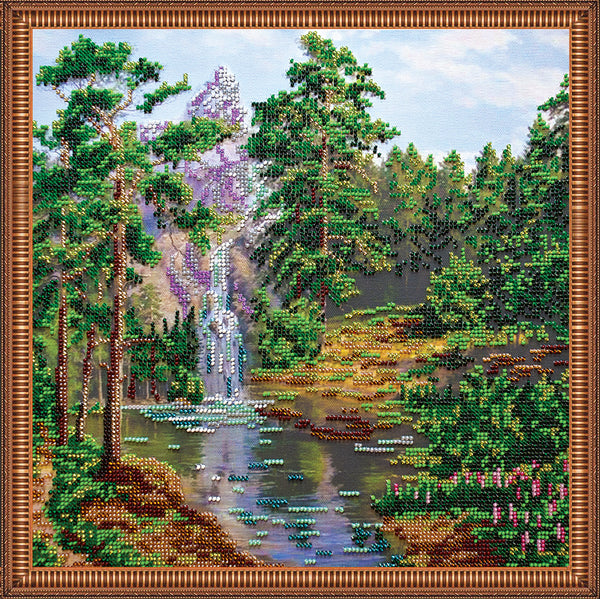 DIY Bead Embroidery Kit "Mountain waterfall" 11.8"x11.8" / 30.0x30.0 cm