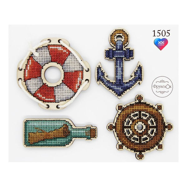 DIY Cross stitch kit on wood "Sea Voyage" 3.0x3.1 in, 2.8x2.8 in, 3.0x2.1 in, 3.1x1.3 in / 7.7x8.0 cm, 7.0x7.0 cm, 7.5x5.3 cm, 8.0x3.2 cm