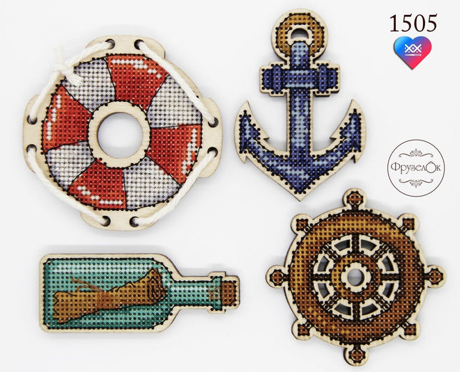 DIY Cross stitch kit on wood "Sea Voyage" 3.0x3.1 in, 2.8x2.8 in, 3.0x2.1 in, 3.1x1.3 in / 7.7x8.0 cm, 7.0x7.0 cm, 7.5x5.3 cm, 8.0x3.2 cm