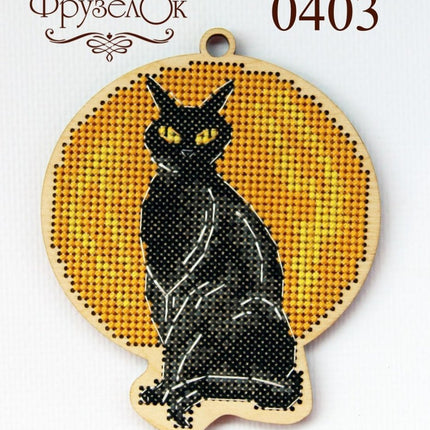 DIY Cross stitch kit on wood "Black Cat" 4.3x3.7 in / 11.0x9.5 cm