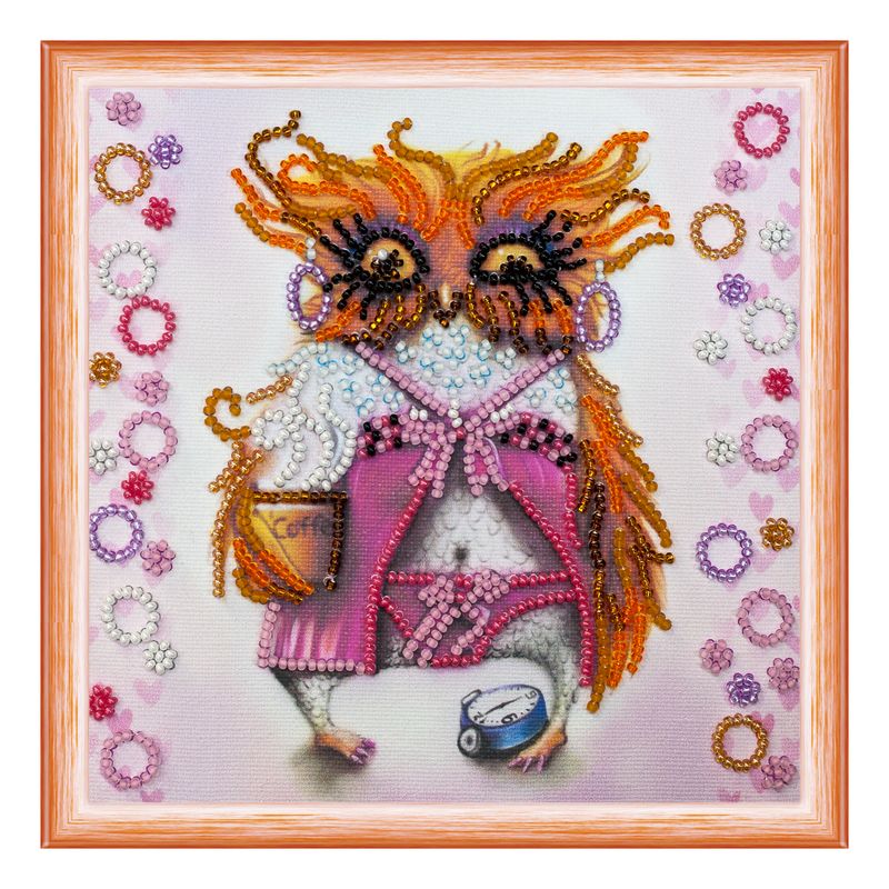 DIY Bead Embroidery Kit "Owl and coffee"  5.9"x5.9" / 15.0x15.0 cm