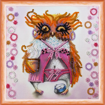 DIY Bead Embroidery Kit "Owl and coffee"  5.9"x5.9" / 15.0x15.0 cm
