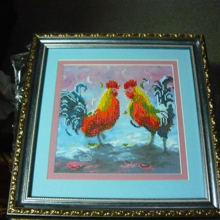 Canvas for bead embroidery "Cockerels" 7.9"x7.9" / 20.0x20.0 cm