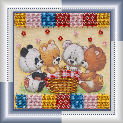 DIY Bead Embroidery Kit "Bears and basket"  5.9"x5.9" / 15.0x15.0 cm