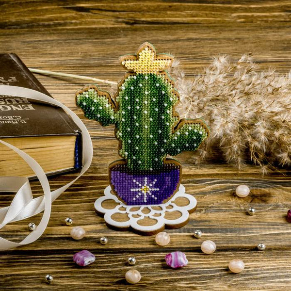 DIY Bead embroidery kit on wood "Cactus"