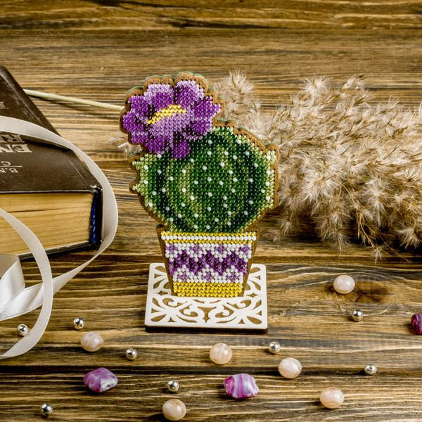 DIY Bead embroidery kit on wood "Blooming cactus"