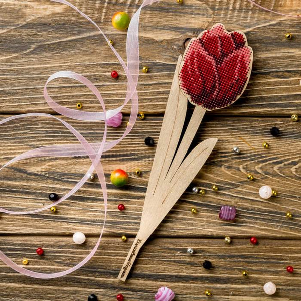 DIY Bead embroidery kit on wood "Red Tulip"