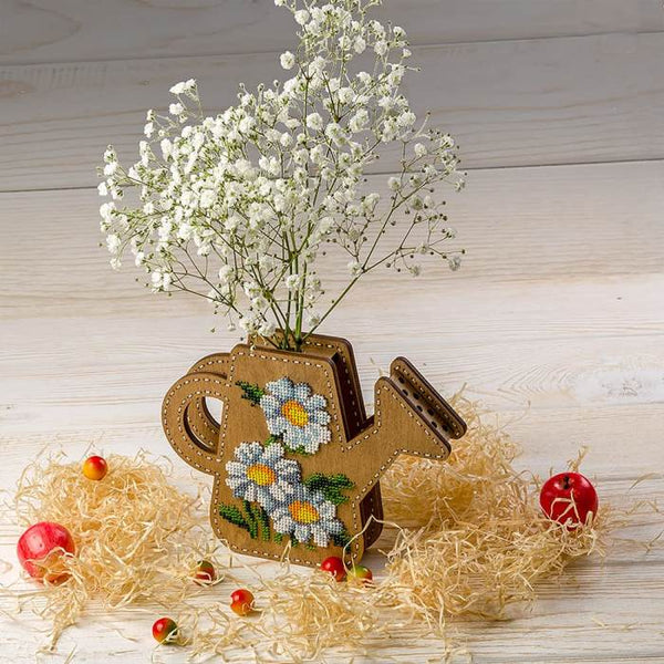 DIY Bead Embroidery on wood kit "Watering can with daisies" Flower vase