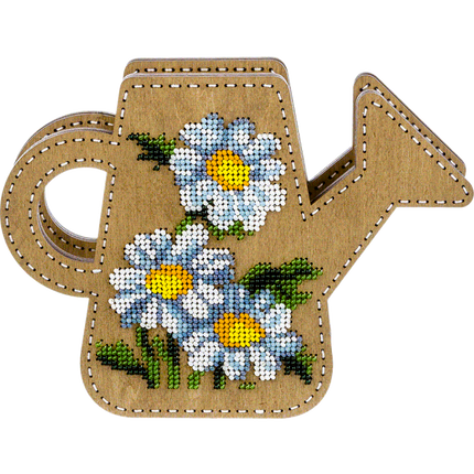 DIY Bead Embroidery on wood kit "Watering can with daisies" Flower vase