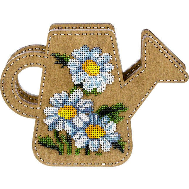 DIY Bead Embroidery on wood kit "Watering can with daisies" Flower vase