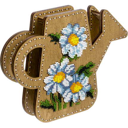 DIY Bead Embroidery on wood kit "Watering can with daisies" Flower vase