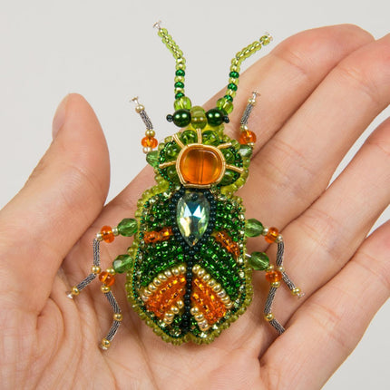 Beadwork kit for creating broоch "Green beetle"
