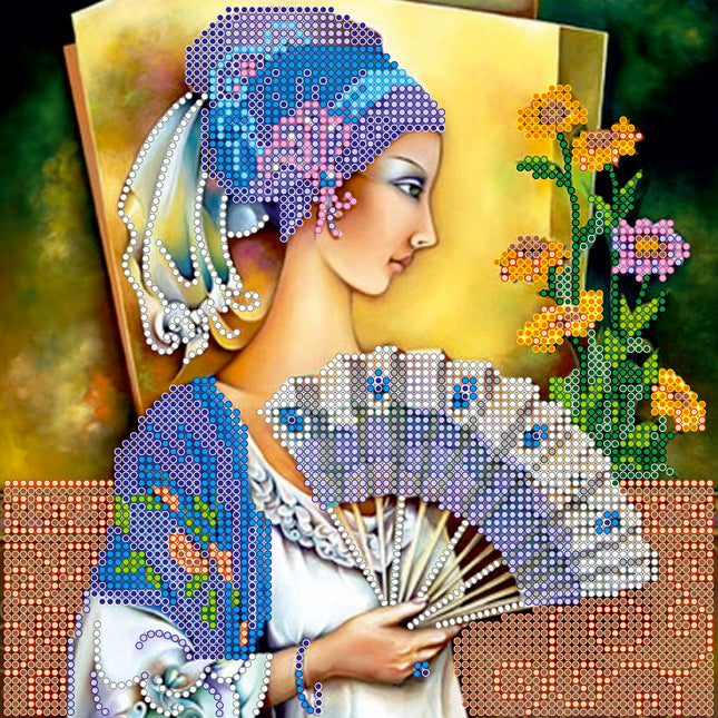 Canvas for bead embroidery "Lady with fan" 7.9"x7.9" / 20.0x20.0 cm
