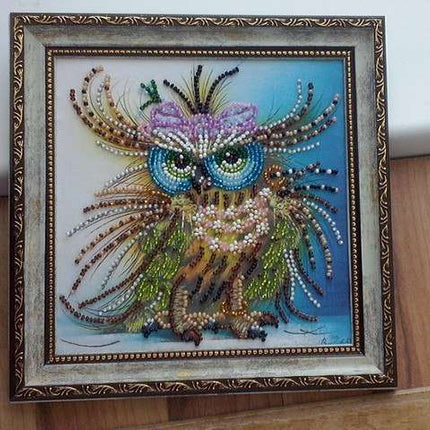 DIY Bead Embroidery Kit "Owl and bow"  5.9"x5.9" / 15.0x15.0 cm