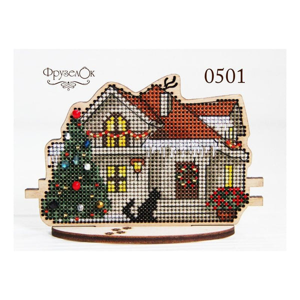 DIY Cross stitch kit on wood "Winter Cottage" 4.3x3.1 in / 11.0x8.0 cm