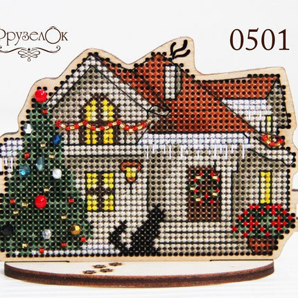 DIY Cross stitch kit on wood "Winter Cottage" 4.3x3.1 in / 11.0x8.0 cm