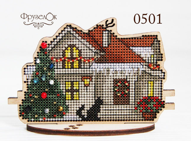 DIY Cross stitch kit on wood "Winter Cottage" 4.3x3.1 in / 11.0x8.0 cm