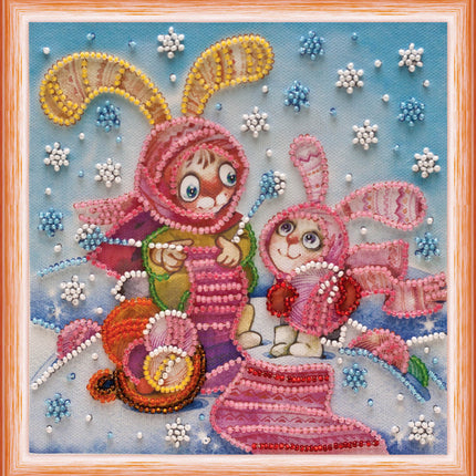 DIY Bead Embroidery Kit "Knitting bunnies"  5.9"x5.9" / 15.0x15.0 cm