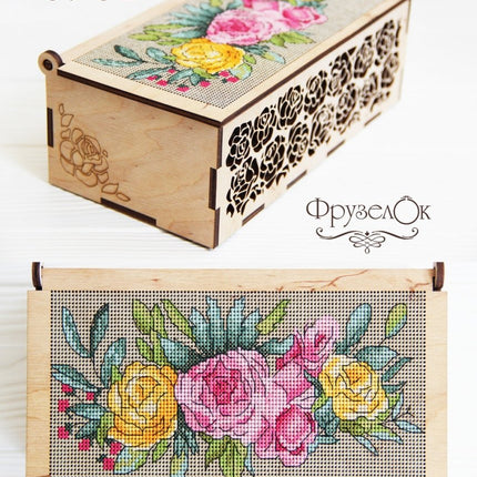 DIY Cross stitch kit on wood "Roses" 7.5x3.7 in / 19.0x9.5 cm