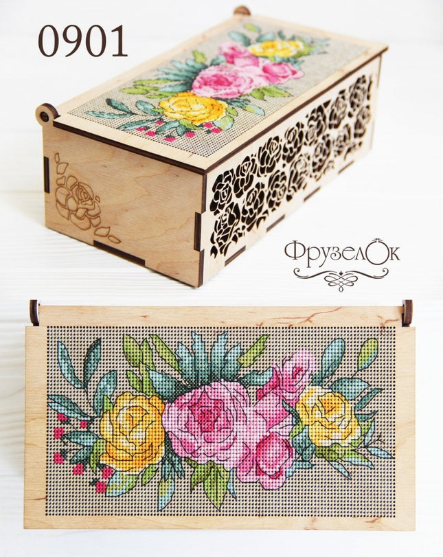 DIY Cross stitch kit on wood "Roses" 7.5x3.7 in / 19.0x9.5 cm
