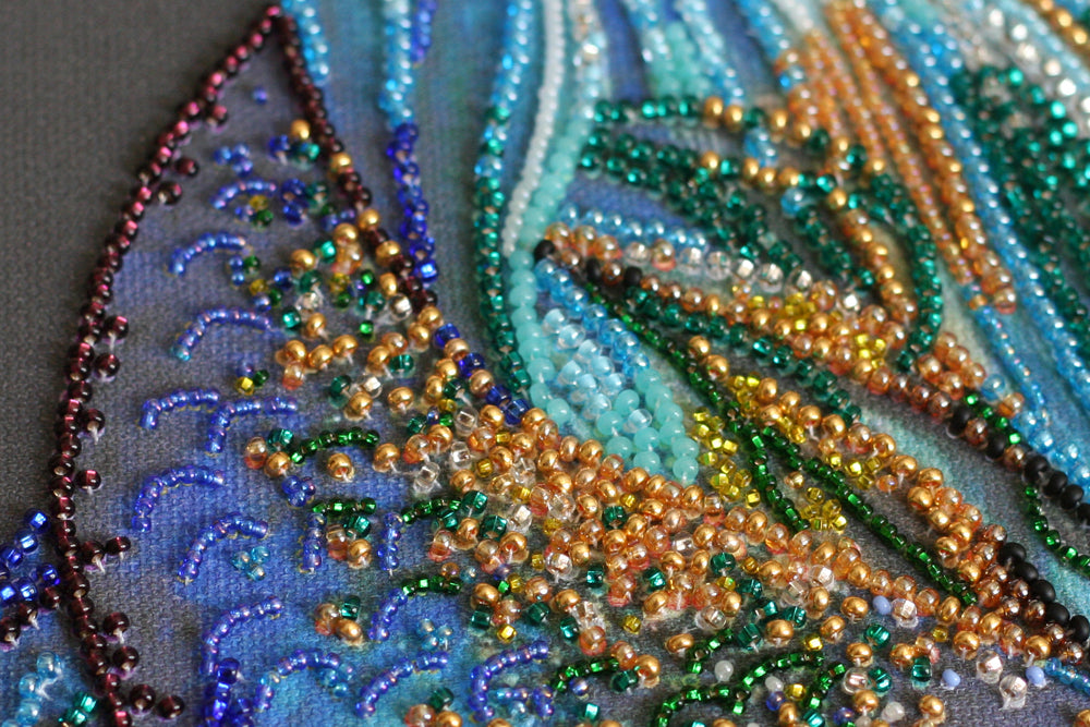 Bead embroidery kit Indigo Feathers DIY modern stamped needlepoint beadwork