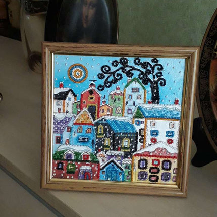 DIY Bead Embroidery Kit "Bright houses"  5.9"x5.9" / 15.0x15.0 cm