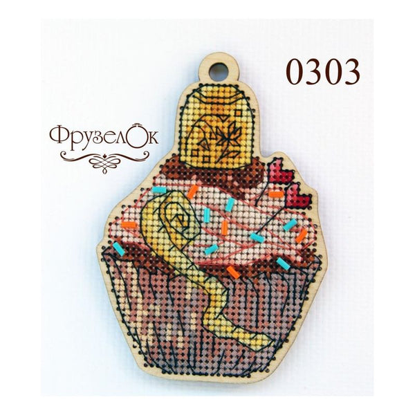 DIY Cross stitch kit on wood "Thimble" 4.3x3.0 in / 11.0x7.5 cm