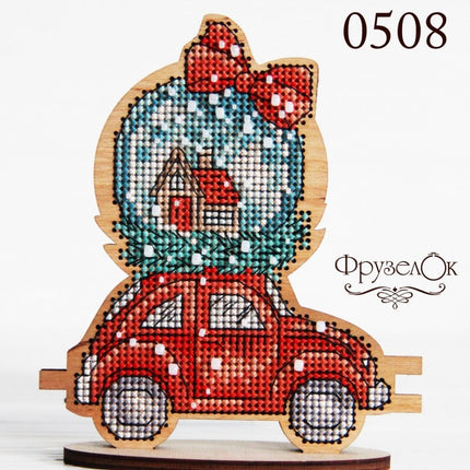 DIY Cross stitch kit on wood "Car" 4.7x3.9 in / 12.0x10.0 cm