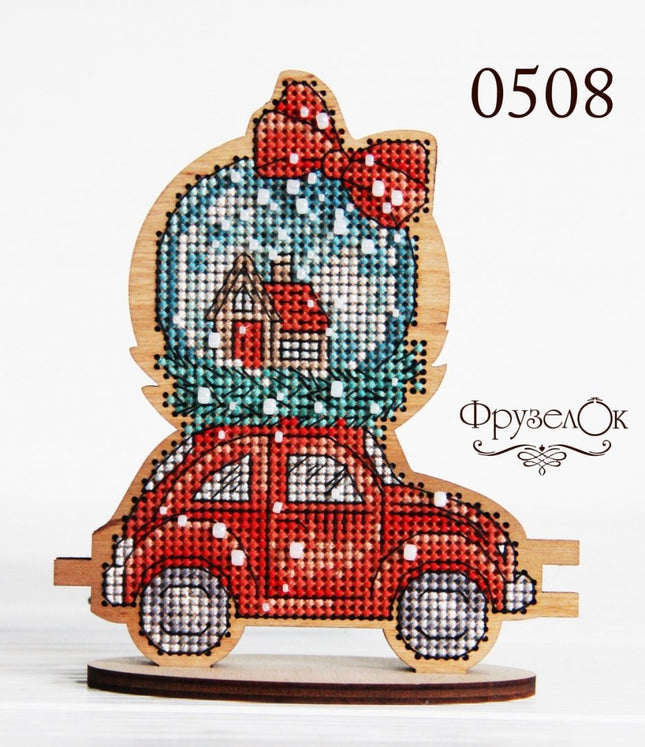 DIY Cross stitch kit on wood "Car" 4.7x3.9 in / 12.0x10.0 cm