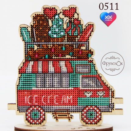 DIY Cross stitch kit on wood "Ice Cream Truck" 3.9x4.3 in / 10.0x11.0 cm