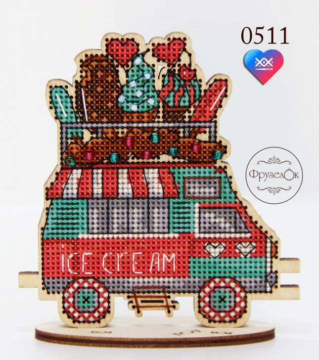 DIY Cross stitch kit on wood "Ice Cream Truck" 3.9x4.3 in / 10.0x11.0 cm