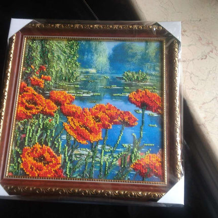 Canvas for bead embroidery "Poppy’s by the Lake" 7.9"x7.9" / 20.0x20.0 cm