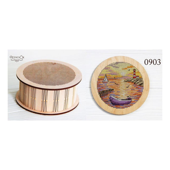DIY Cross stitch kit on wood "Boat" D 5.7 in / D 14.5 cm