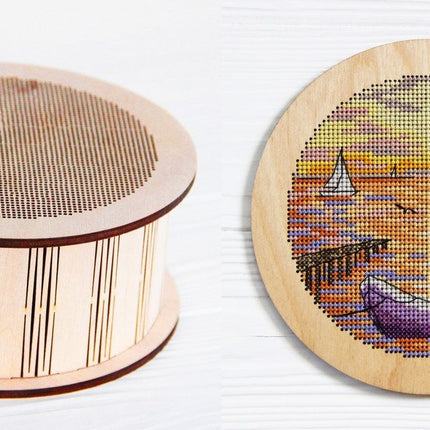 DIY Cross stitch kit on wood "Boat" D 5.7 in / D 14.5 cm