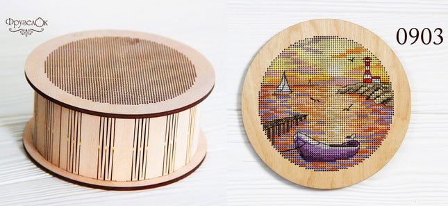 DIY Cross stitch kit on wood "Boat" D 5.7 in / D 14.5 cm