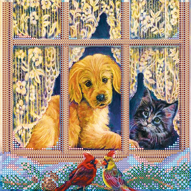 Canvas for bead embroidery "At the window" 7.9"x7.9" / 20.0x20.0 cm
