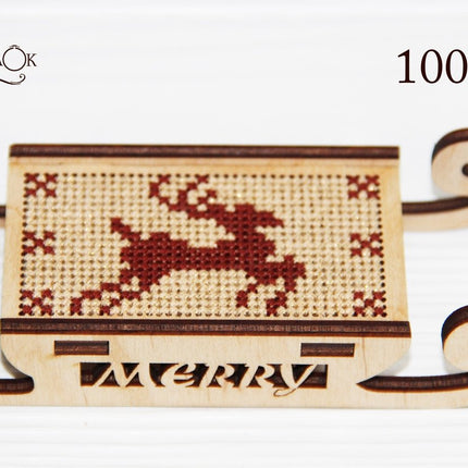 DIY Cross stitch kit on wood "Sleigh" 3.0x1.6 in / 7.5x4.0 cm
