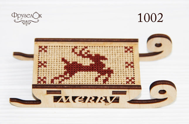 DIY Cross stitch kit on wood "Sleigh" 3.0x1.6 in / 7.5x4.0 cm