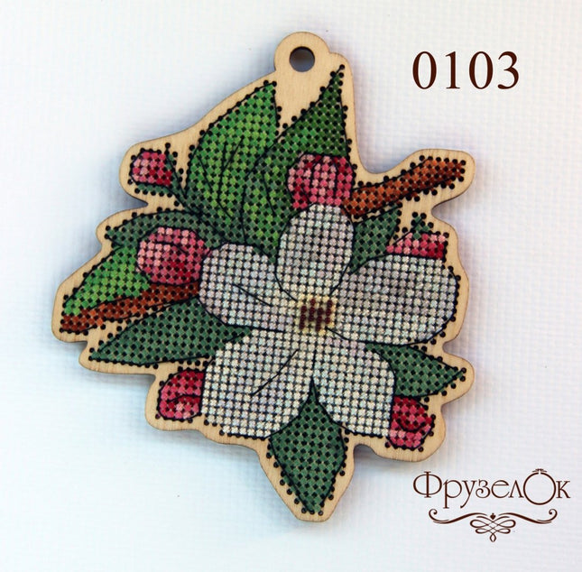 DIY Cross stitch kit on wood "Apple Blossom" 4.7x3.9 in / 11.9x10.0 cm
