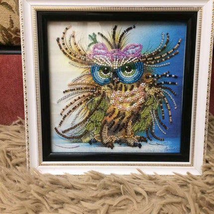 DIY Bead Embroidery Kit "Owl and bow"  5.9"x5.9" / 15.0x15.0 cm
