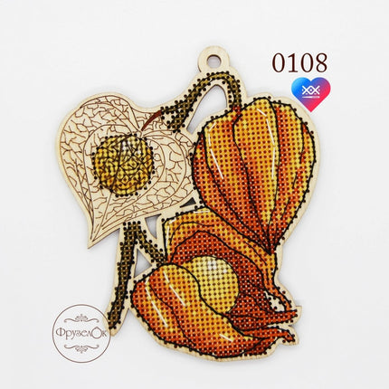 DIY Cross stitch kit on wood "Physalis" 4.5x3.9 in / 11.5x10.0 cm
