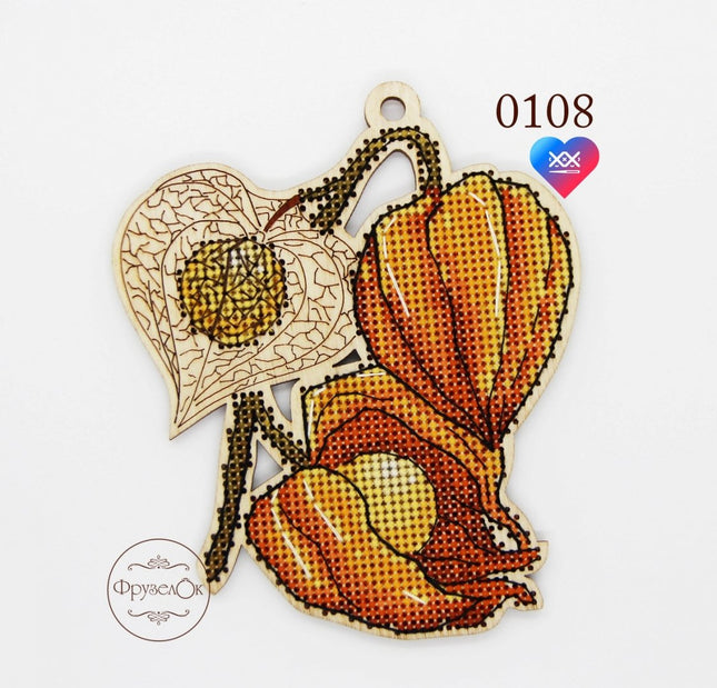 DIY Cross stitch kit on wood "Physalis" 4.5x3.9 in / 11.5x10.0 cm