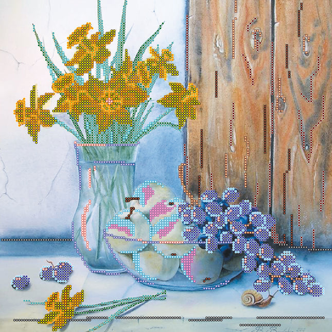 Canvas for bead embroidery "Daffodils and Grape" 11.8"x11.8" / 30.0x30.0 cm