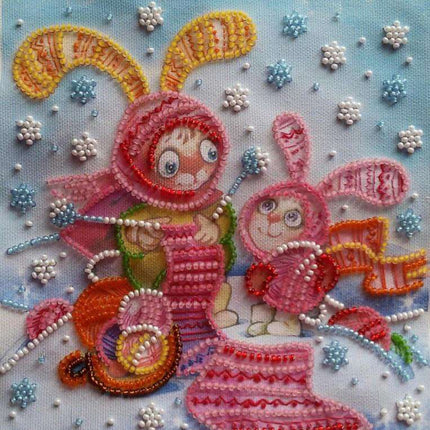 DIY Bead Embroidery Kit "Knitting bunnies"  5.9"x5.9" / 15.0x15.0 cm