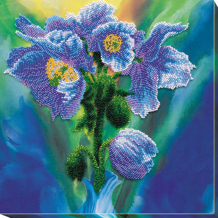 DIY Bead Embroidery Kit "Blue Poppies" 11.8"x11.8" / 30.0x30.0 cm