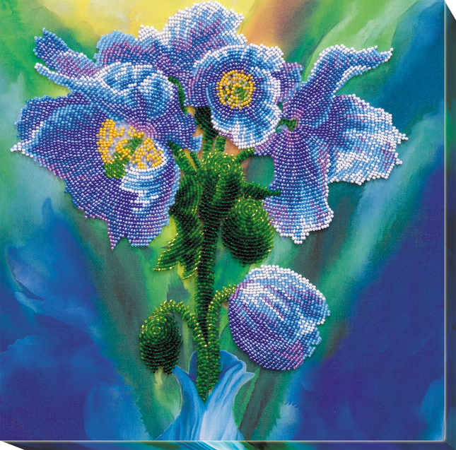 DIY Bead Embroidery Kit "Blue Poppies" 11.8"x11.8" / 30.0x30.0 cm