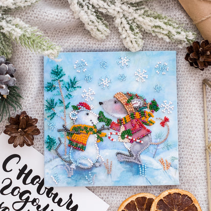 DIY Bead Embroidery Kit "Snow friend"  5.9"x5.9" / 15.0x15.0 cm